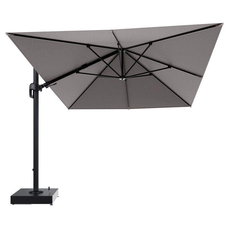 Parasol pendant Rufina avec fonction tilt en aluminium noir et toile de parasol All Weather Sunbrella® Luxe Wander Granite - Lg.1 400 x Lg.2 300 cm avec pied de parasol Minore 150 kg avec roulettes
