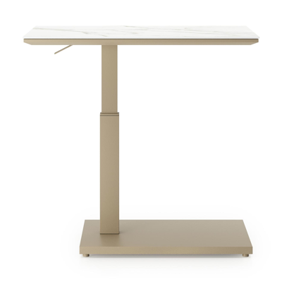 Table d'appoint pop-up Cirello rectangulaire en aluminium beige et céramique pleine Calacatta - Lg. 69.5 x Lrg. 50 x Haut. 66 cm