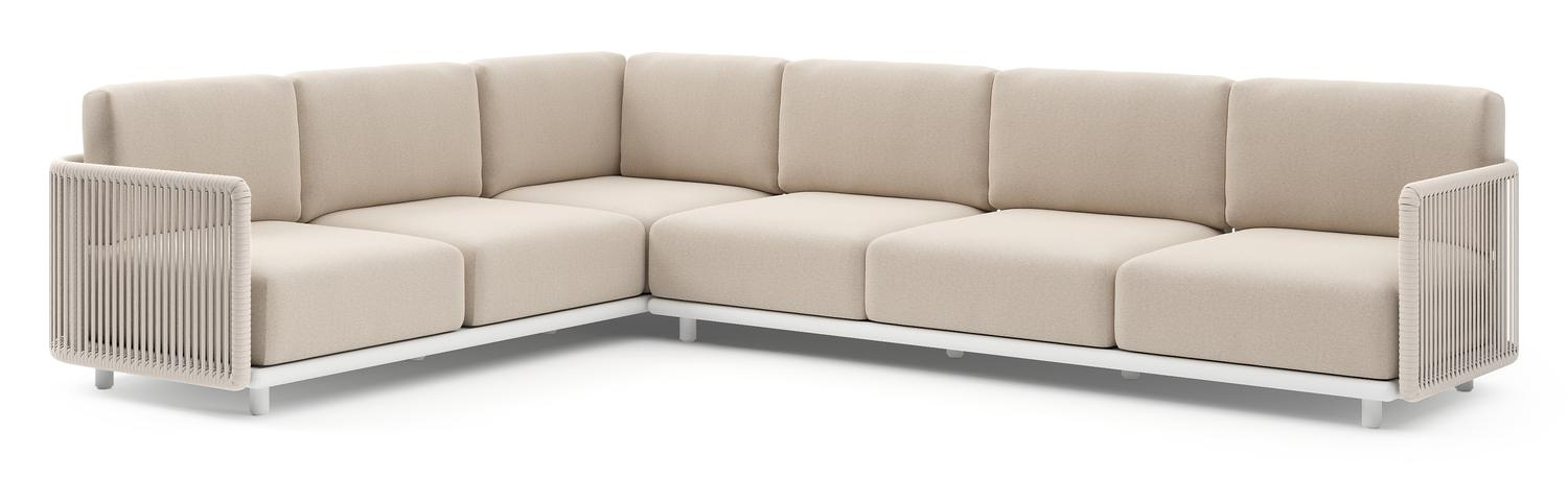 Organo loungehoek in wit aluminium en beige verticaal geweven luxe vlakke rope met heritage ash all weather Sunbrella® luxe kussen