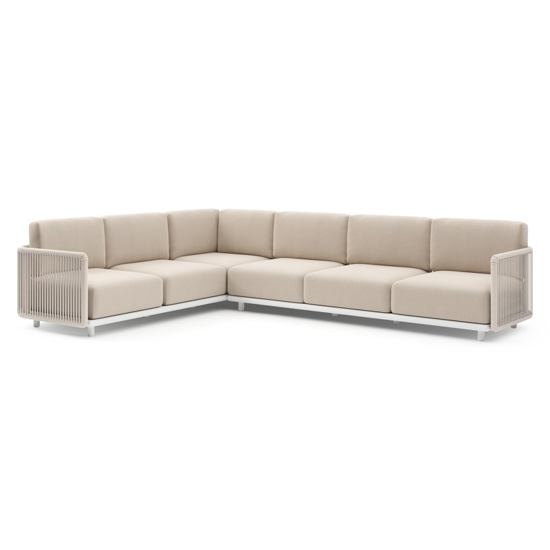 Organo loungehoek in wit aluminium en beige verticaal geweven luxe vlakke rope met heritage ash all weather Sunbrella® luxe kussen