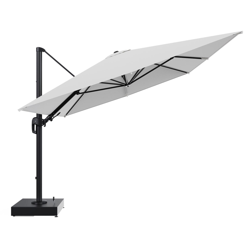 Rufina zweefparasol met tiltfunctie in zwart aluminium en Ego Birch All Weather Solica parasoldoek - L1 400 x L2 300 cm met parasolvoet Minore 150 kg met wielen