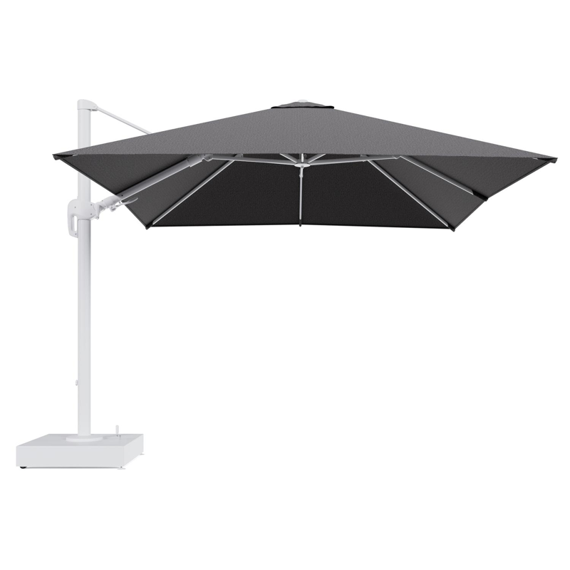 Rufina zweefparasol met tiltfunctie in wit aluminium en Firenze Tunder All Weather Solica parasoldoek - L1 300 x L2 300 cm met parasolvoet Minore 150 kg met wielen