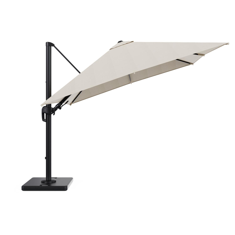 Rufina zweefparasol met tiltfunctie in zwart aluminium met beige all weather sunbrella® premium parasoldoek - L1 300 x L2 300 cm met parasolvoet Lapido 120 kg