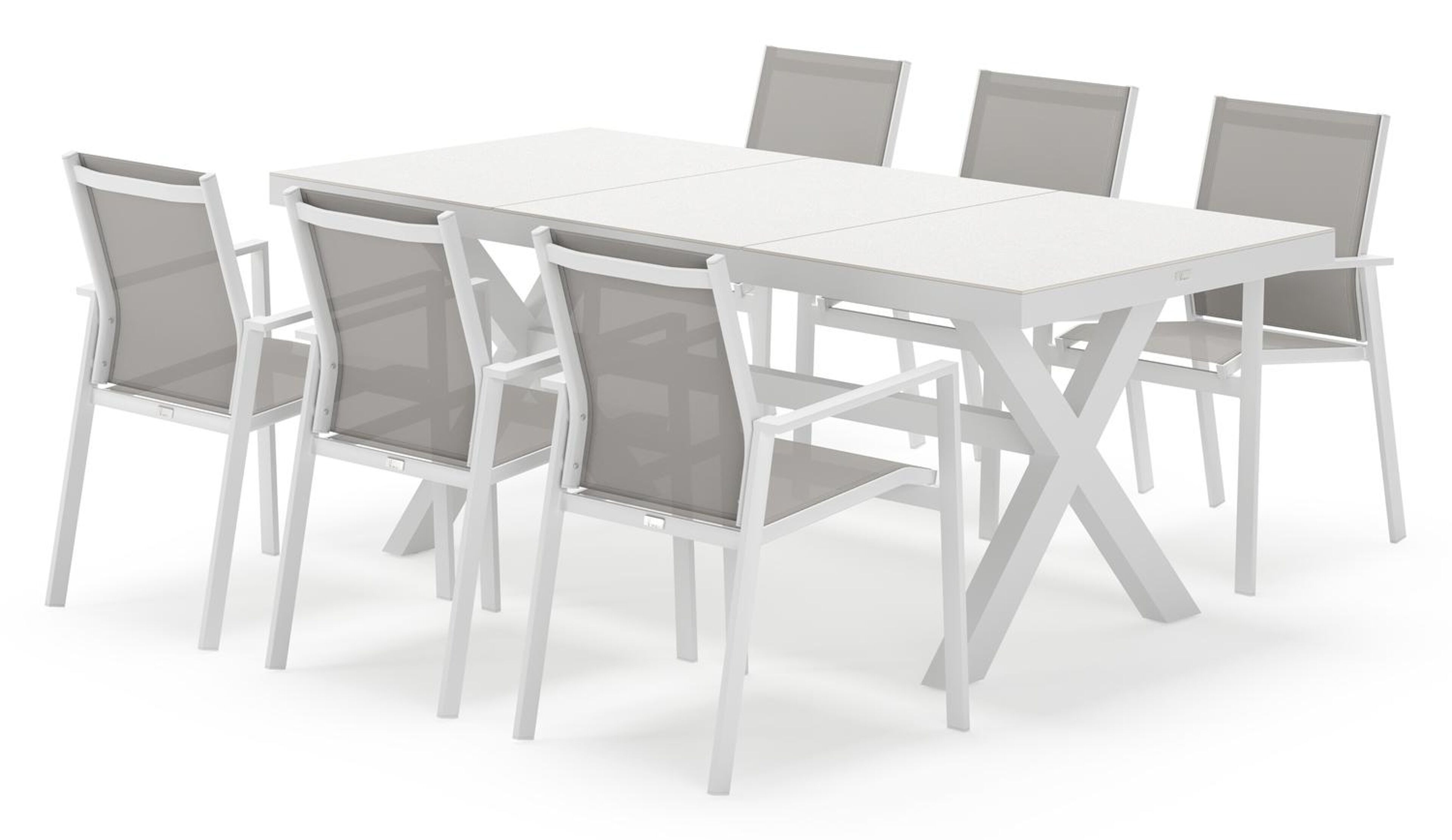 Bahia tuinset rechthoekig in wit aluminium en sintered stone grijs met 6 Bahia tuinstoelen