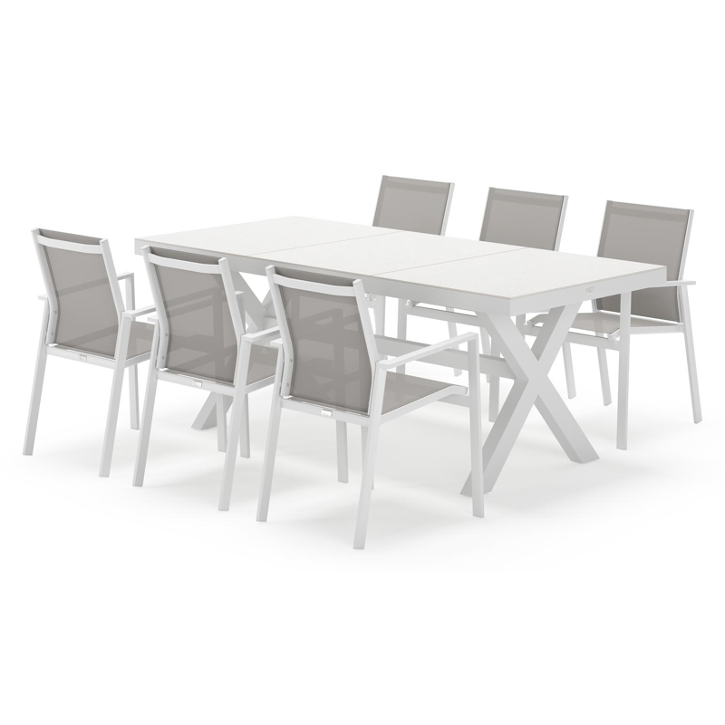 Bahia tuinset rechthoekig in wit aluminium en sintered stone grijs met 6 Bahia tuinstoelen