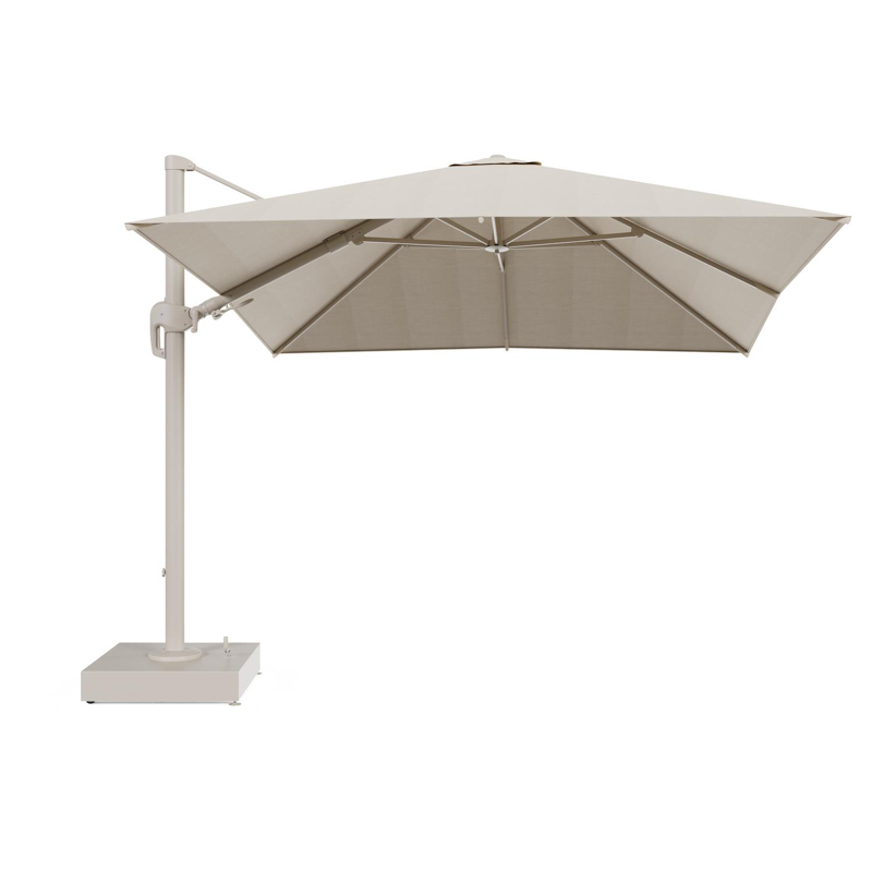 Rufina zweefparasol met tiltfunctie in beige aluminium en beige All Weather Sunbrella® Premium parasoldoek - L1 300 x L2 300 cm met parasolvoet Minore 150 kg met wielen