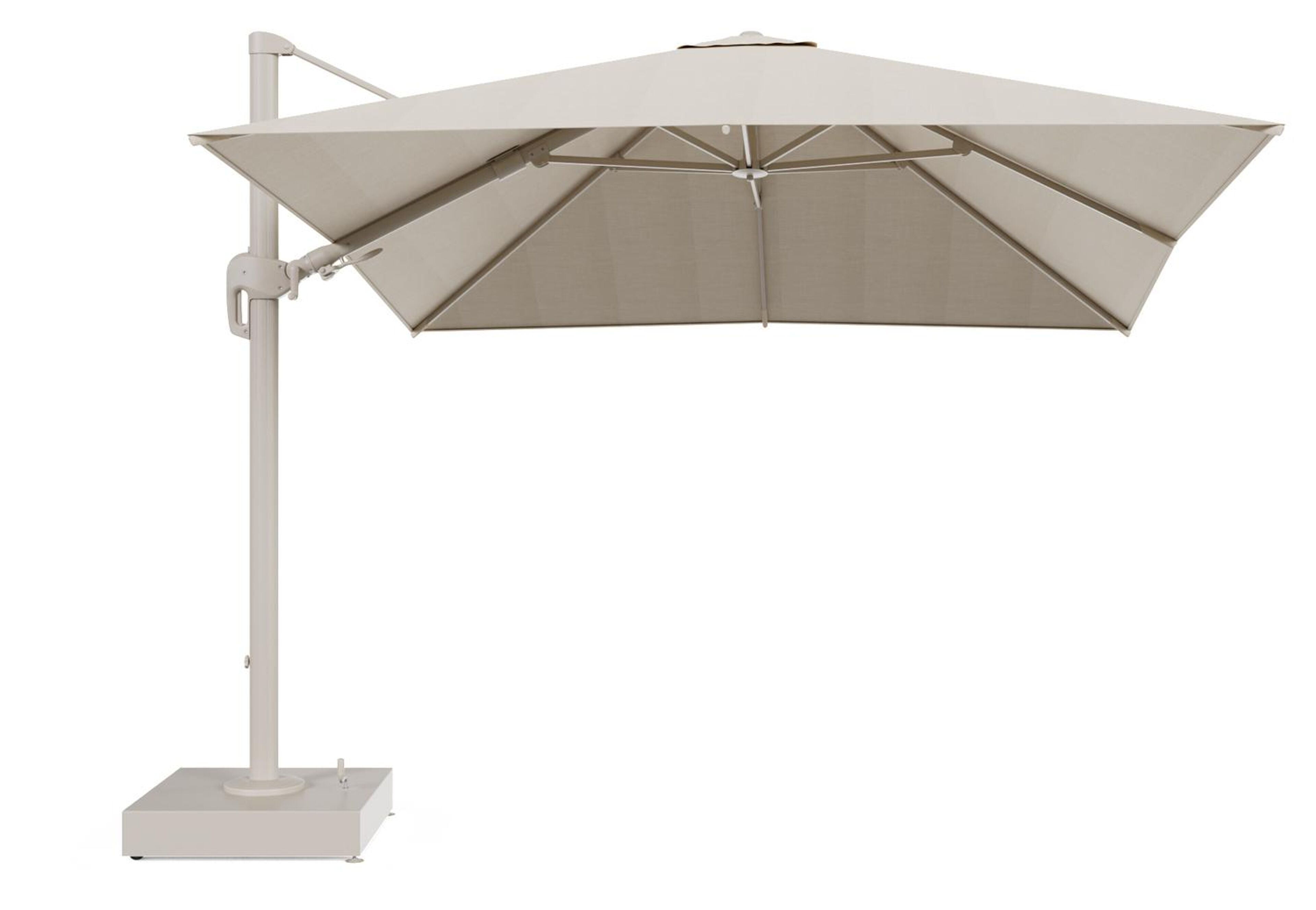 Rufina zweefparasol met tiltfunctie in beige aluminium en beige All Weather Sunbrella® Premium parasoldoek - L1 300 x L2 300 cm met parasolvoet Minore 150 kg met wielen