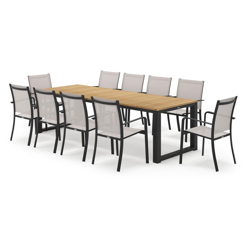 Livo rechthoekige tuinset in zwart aluminium en teak natural finish met 10 Calobra tuinstoelen