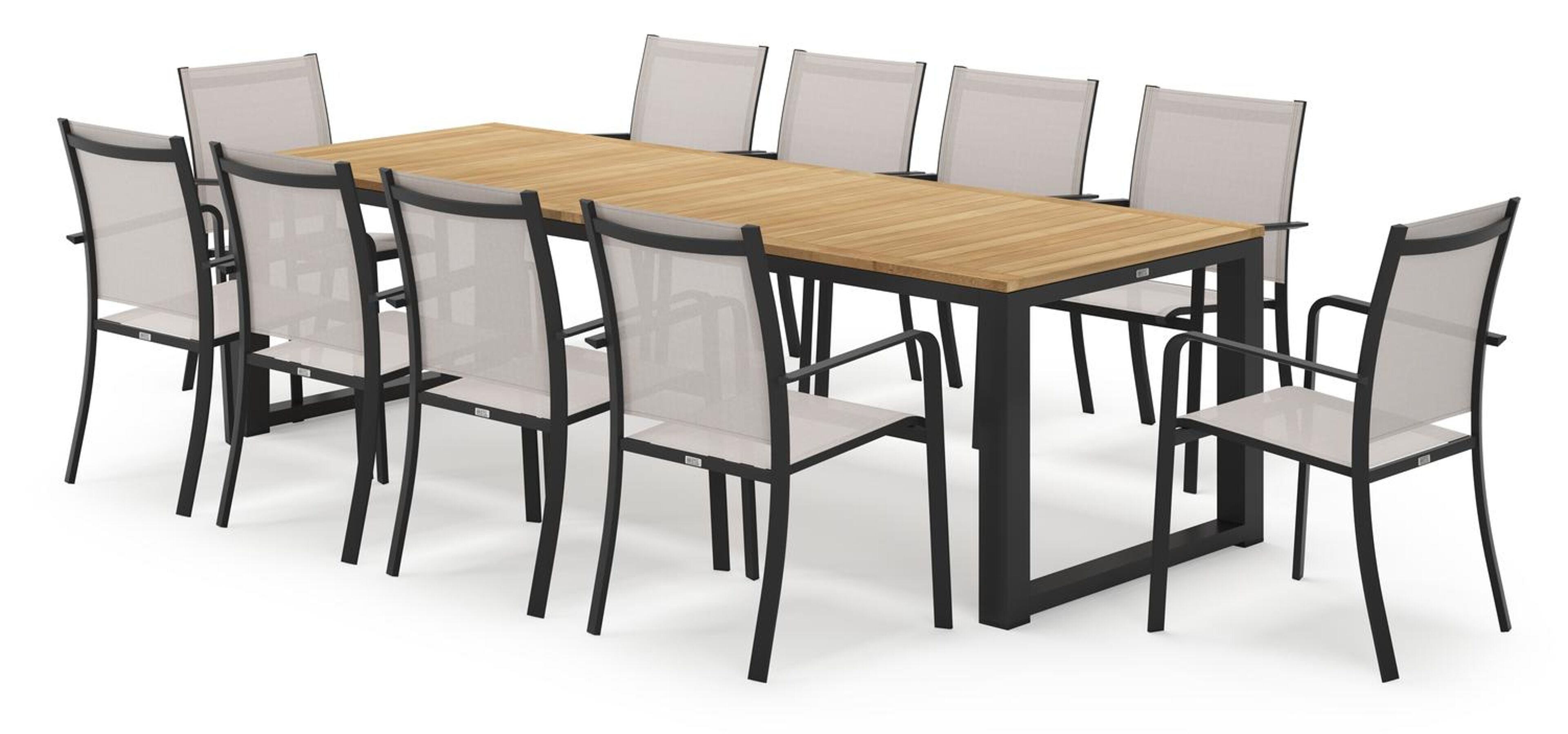 Livo rechthoekige tuinset in zwart aluminium en teak natural finish met 10 Calobra tuinstoelen