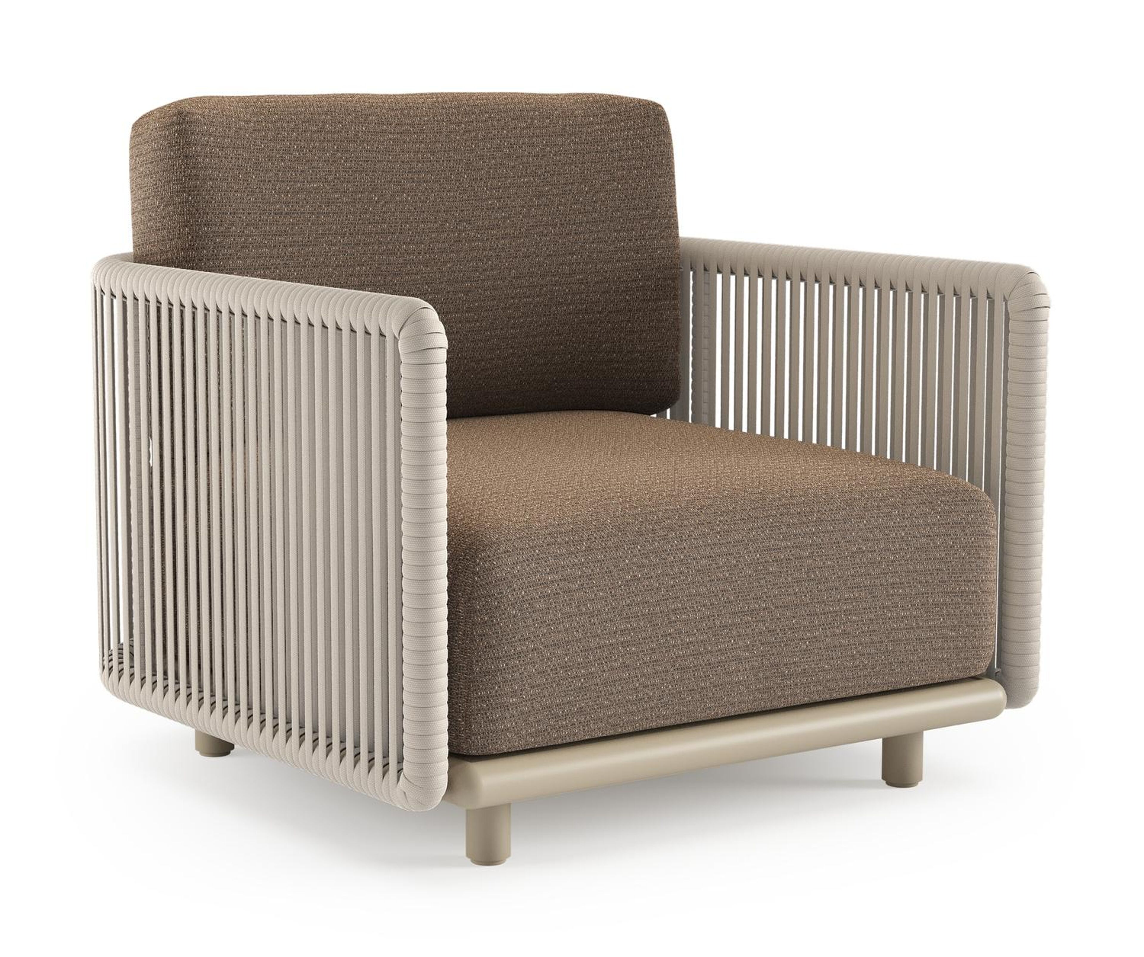 Organo loungestoel in beige aluminium en beige verticaal geweven luxe vlakke rope met firenze tunder all weather Solica kussen