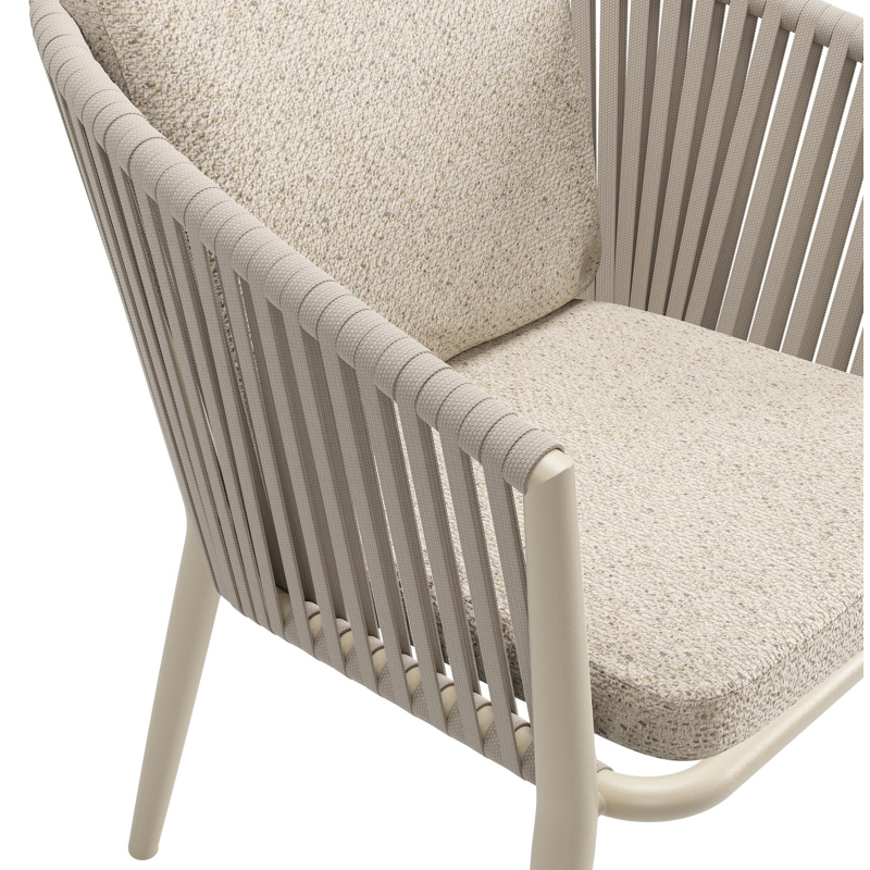 Chaise de jardin Orso en aluminium beige et corde plate tissée verticalement beige avec coussin luxe en All Weather Cosytica Bora Desert