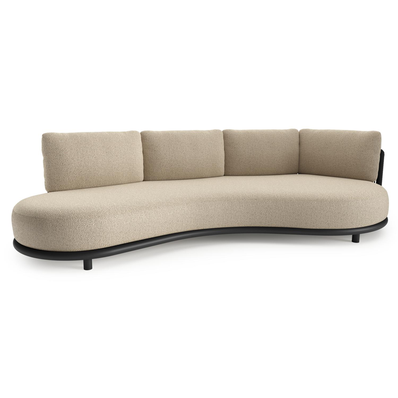 Lomano loungebank in zwart aluminium en zwart verticaal geweven luxe vlakke rope met bora forest all weather cosytica kussen