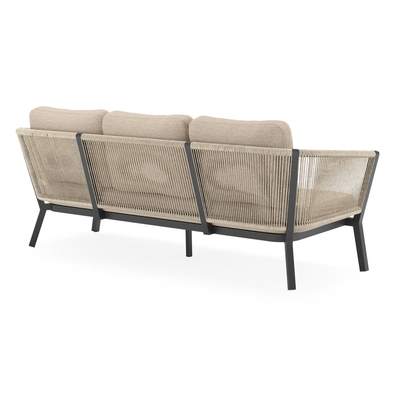 Cordoba loungeset in zwart aluminium en beige verticaal geweven ronde rope met rustic weather+ softtouch kussens