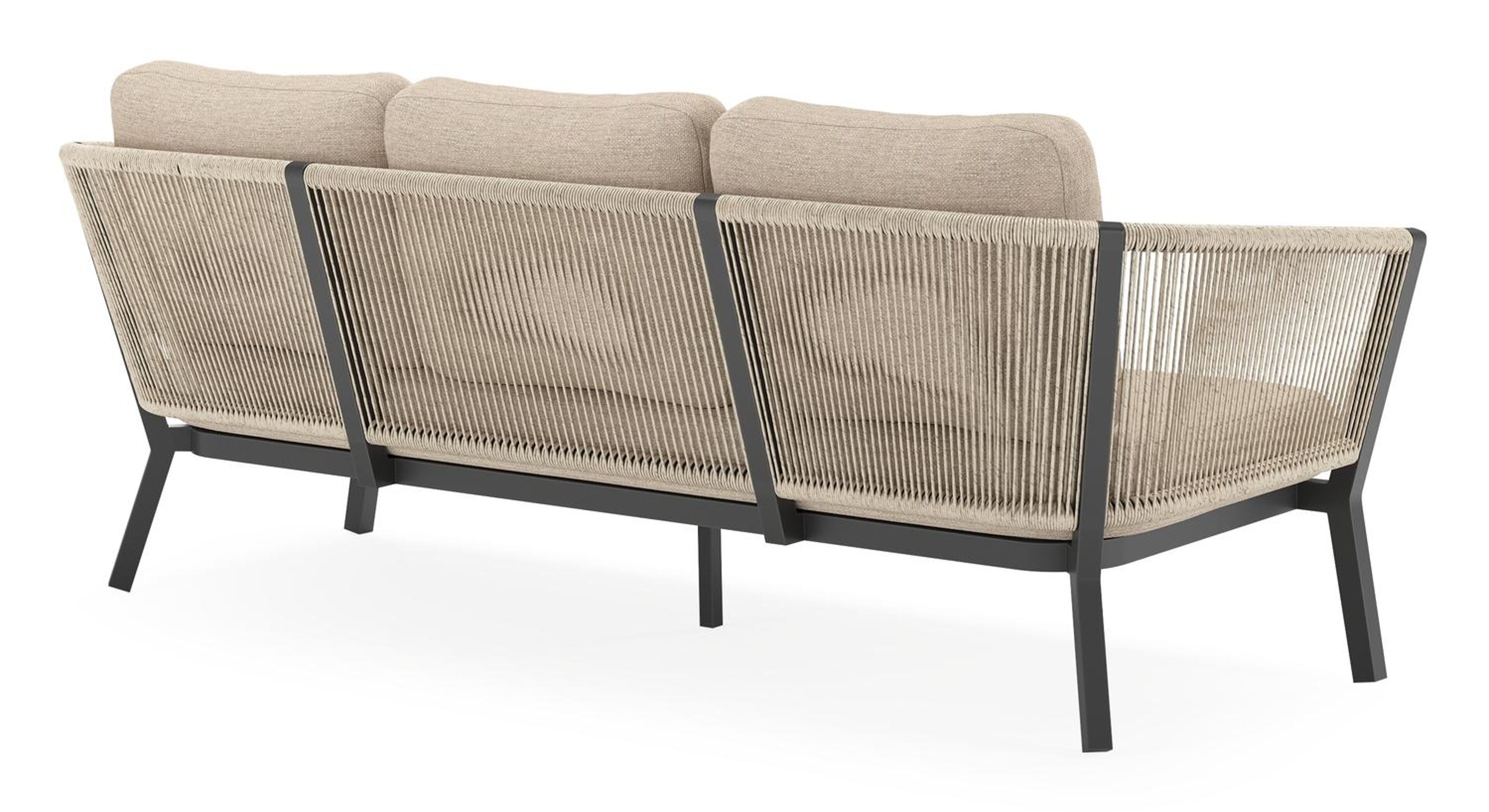 Salon de jardin Cordoba en aluminium noir et corde ronde tissée verticalement beige et coussins en weather+ softtouch rustic