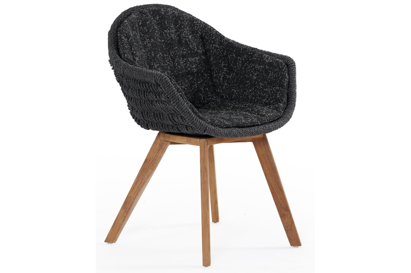 Pagino tuinstoel in teak en naturel wicker met kussen in tweed raven all weather sunbrella® luxe