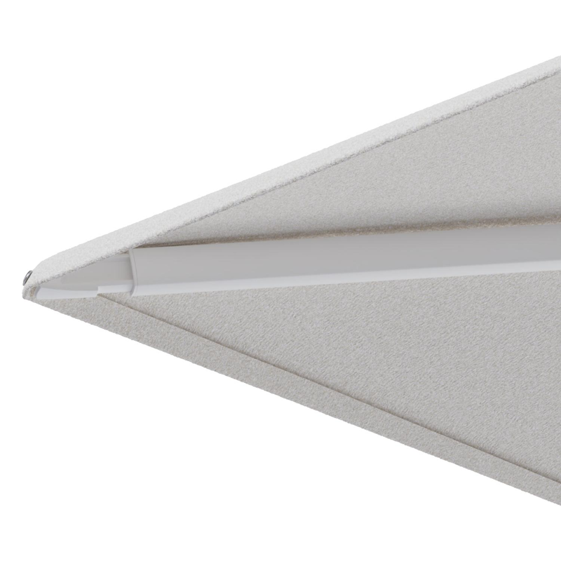Minore zweefparasol met tiltfunctie in wit aluminium en Soul Optik All Weather Solica parasoldoek - L1 400 x L2 300 cm met parasolvoet Minore 260 kg met wielen