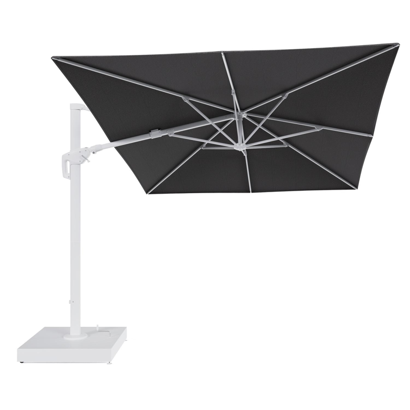 Minore zweefparasol met tiltfunctie in wit aluminium en Firenze Tunder All Weather Solica parasoldoek - L1 400 x L2 300 cm met parasolvoet Minore 260 kg met wielen