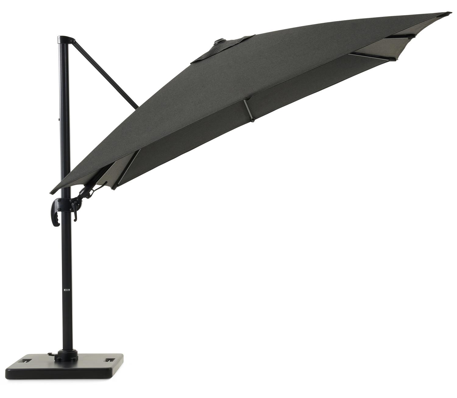 Avola zweefparasol met tiltfunctie in zwart aluminium en Natte Sooty Sunbrella® Premium parasoldoek - L1 300 x L2 300 cm met Pedito parasolvoet 120 kg
