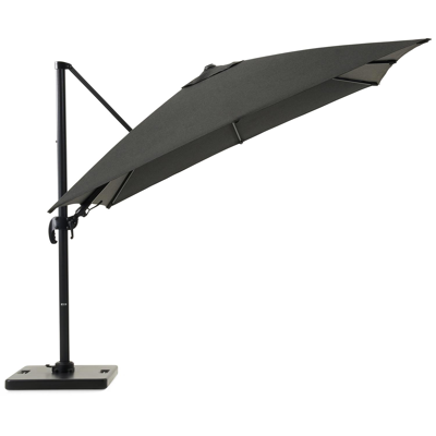 Avola zweefparasol met tiltfunctie in zwart aluminium en Natte Sooty Sunbrella® Premium parasoldoek - L1 300 x L2 300 cm met Pedito parasolvoet 120 kg
