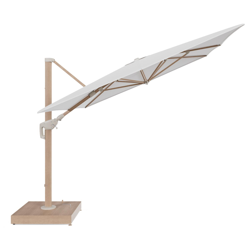 Minore zweefparasol met tiltfunctie in houtlook aluminium en Soul Optik All Weather Solica parasoldoek - L1 400 x L2 300 cm met parasolvoet Minore 260 kg met wielen
