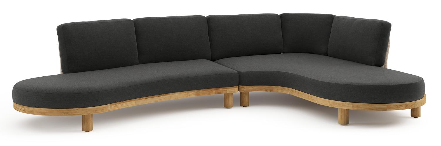 Salon de jardin d'angle Donato en teck et corde ronde tissée verticalement beige et coussins en all weather sunbrella® luxe Chartres Sooty