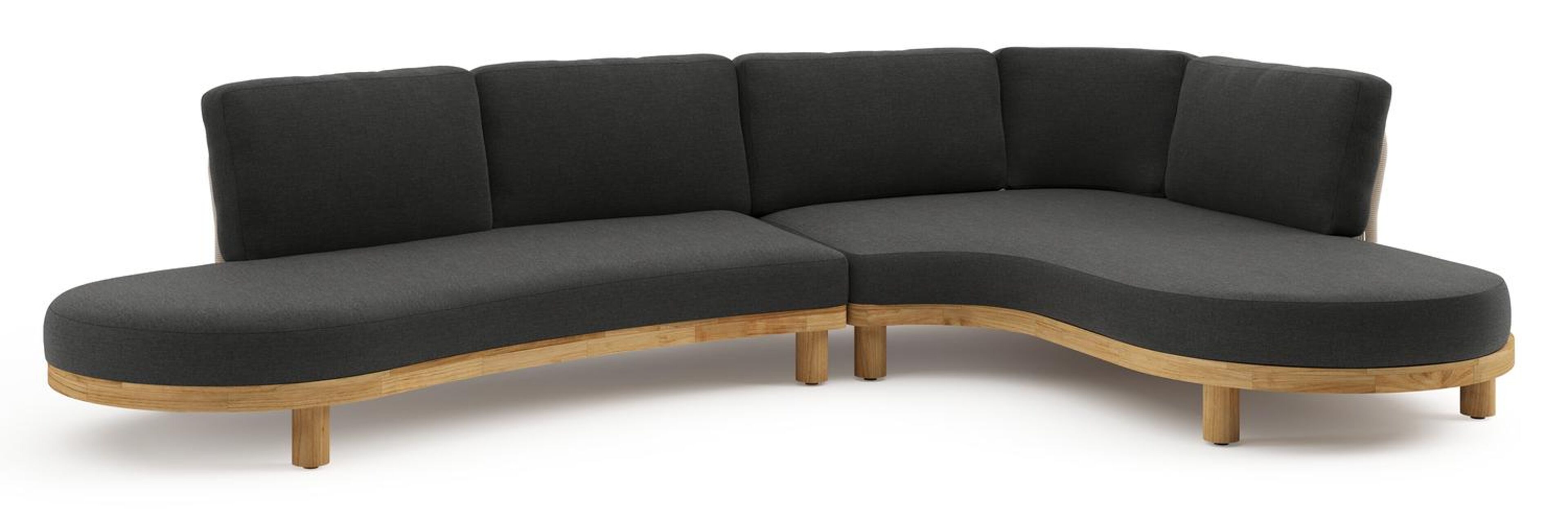 Salon de jardin d'angle Donato en teck et corde ronde tissée verticalement beige et coussins en all weather sunbrella® luxe Chartres Sooty