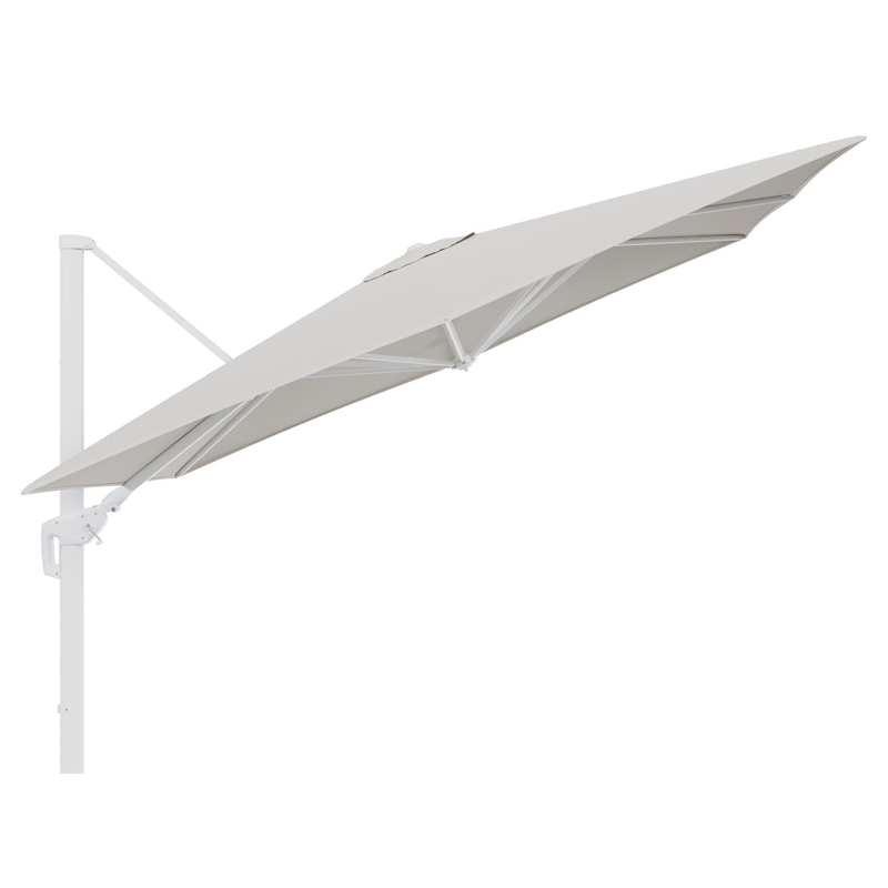 Parasol pendant Minore avec fonction tilt en aluminium blanc et toile de parasol en All Weather Sunbrella® Luxe Lopi Marble  - Lg.1: 280 x Lg.2: 370 cm (sans pied de parasol
