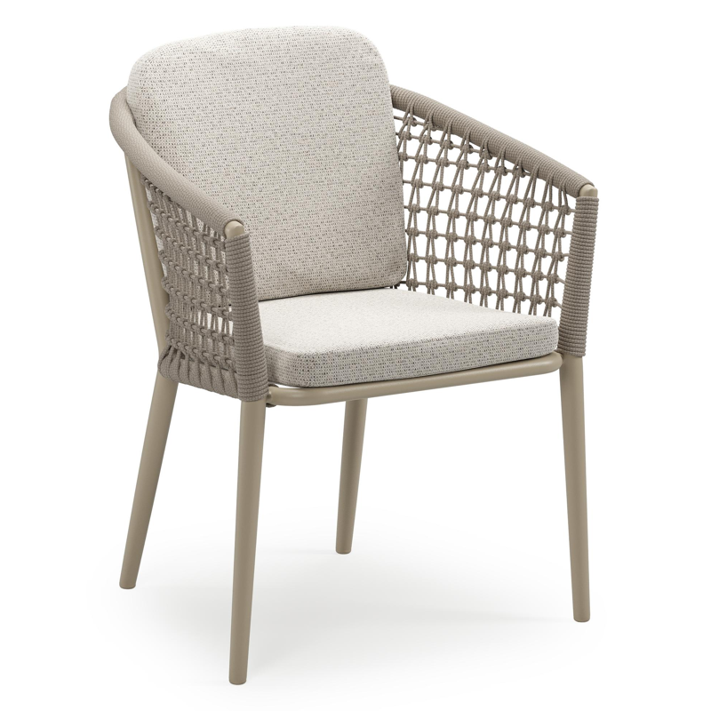 Chaise de jardin empilable Orso en aluminium beige et corde ronde tissée résille beige avec coussin en All Weather Solica Firenze Natural