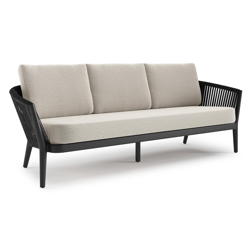 Orso loungebank in zwart aluminium en zwart verticaal geweven luxe vlakke rope met Firenze Natural all weather solica kussen