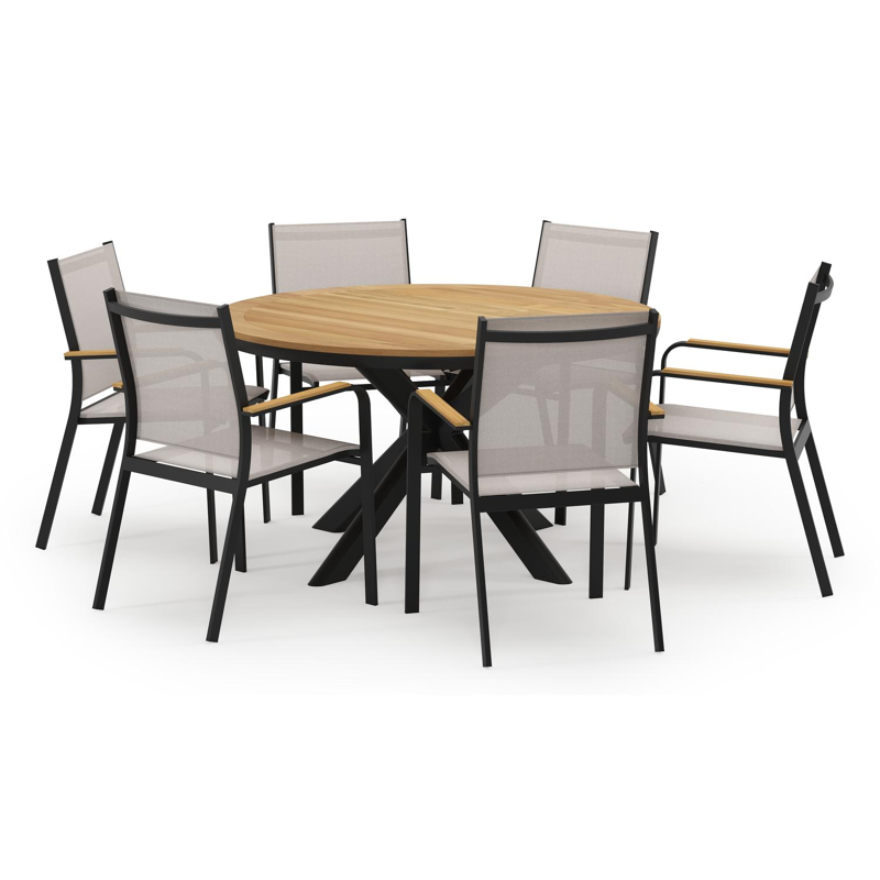 Pamplona ronde tuinset in zwart aluminium en teak naturel met 6 Amalfi tuinstoelen