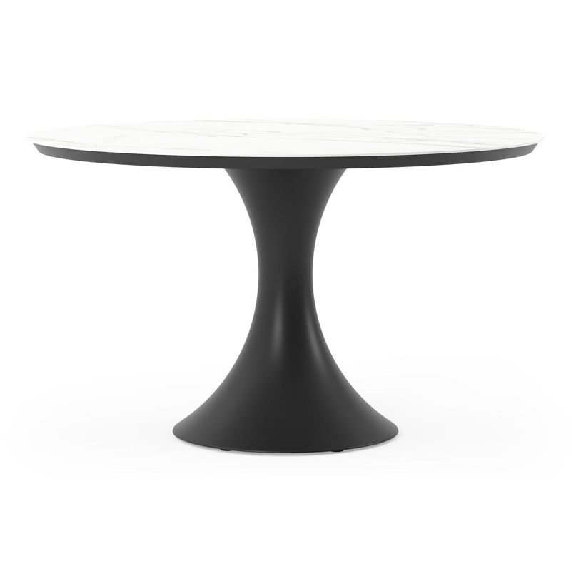 Table de jardin Fano ronde en aluminium noir et céramique pleine Calacatta - Diam. 130 x Haut. 75 cm