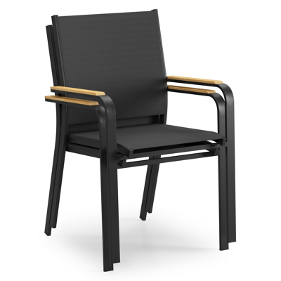 Amalfi tuinset met verlengbare tafel in zwart aluminium en teak tafelblad met 8 stapelbare Amalfi tuinstoelen