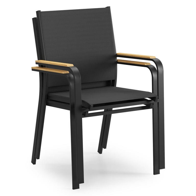 Amalfi stapelbare tuinstoel in zwart aluminium en zwart textilene en teak armleuning