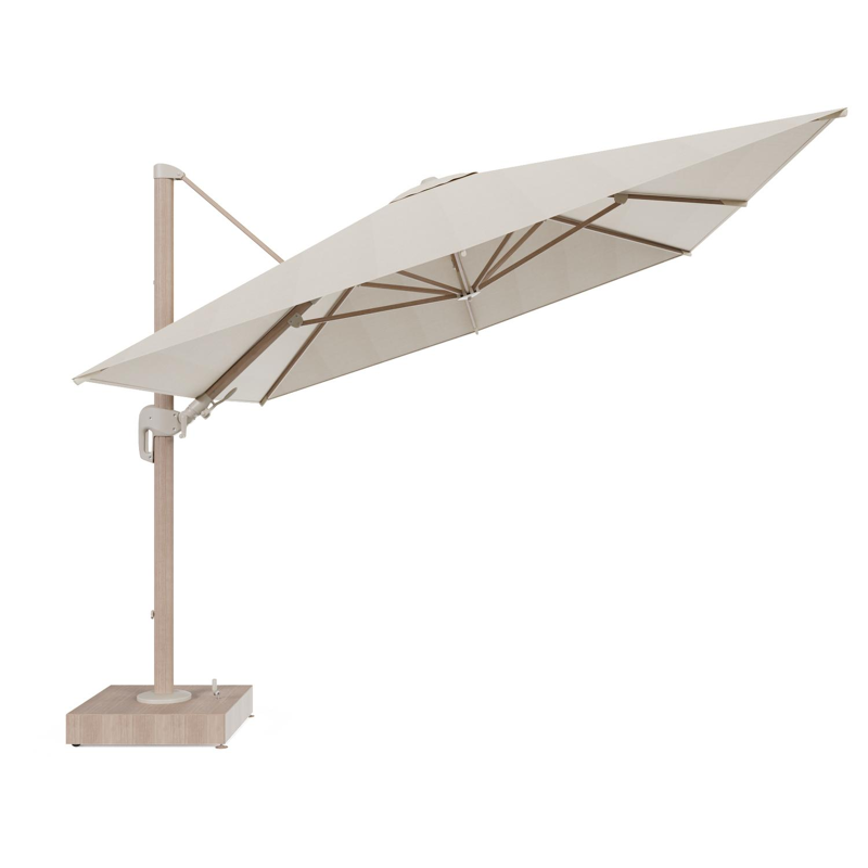 Rufina zweefparasol met tiltfunctie in houtlook aluminium en beige All Weather Sunbrella® Premium parasoldoek - L1 400 x L2 300 cm met parasolvoet Minore 150 kg met wielen
