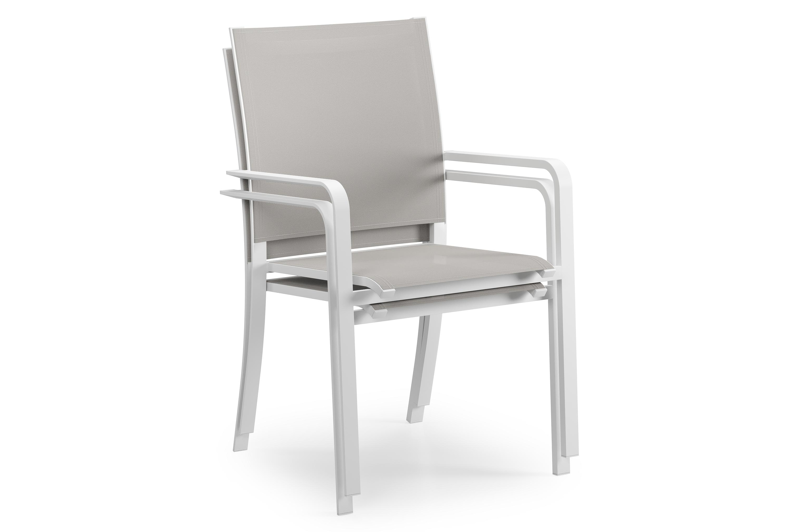 Pamplona ronde tuinset in wit aluminium en sintered stone topo minerale met 4 Calobra tuinstoelen