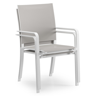 Varese tuinset in wit aluminium en teak naturel tafelblad met 8 stapelbare Calobra tuinstoelen