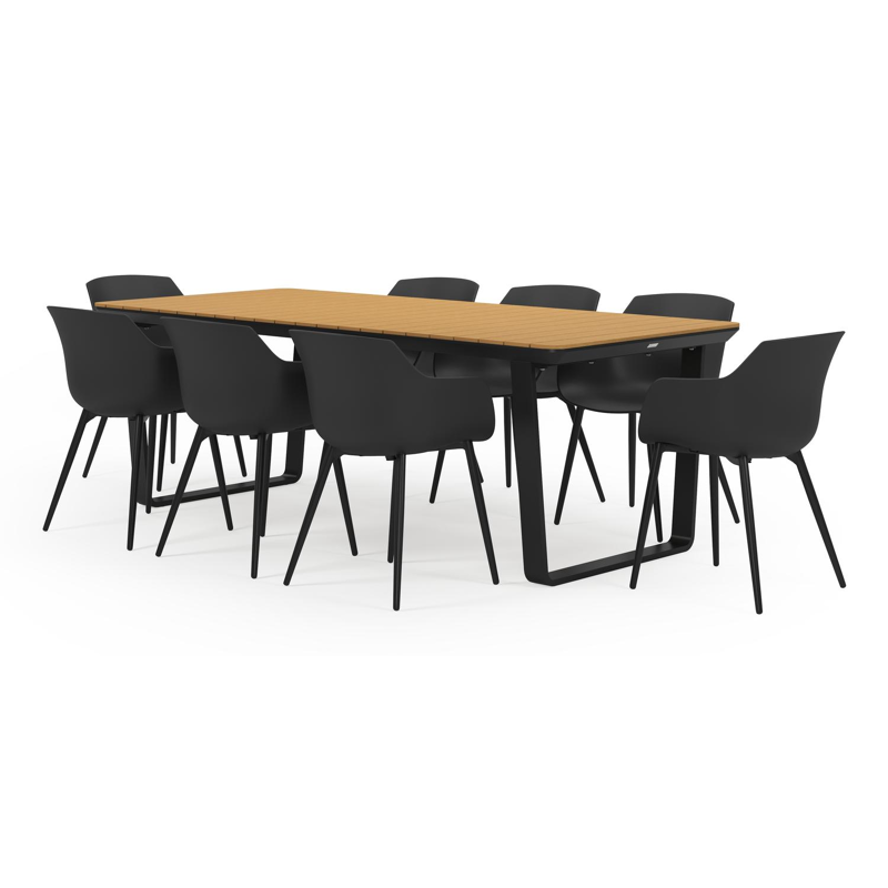 Alora tuinset in zwart aluminium en polywood tafelblad met 8 Paco tuinstoelen