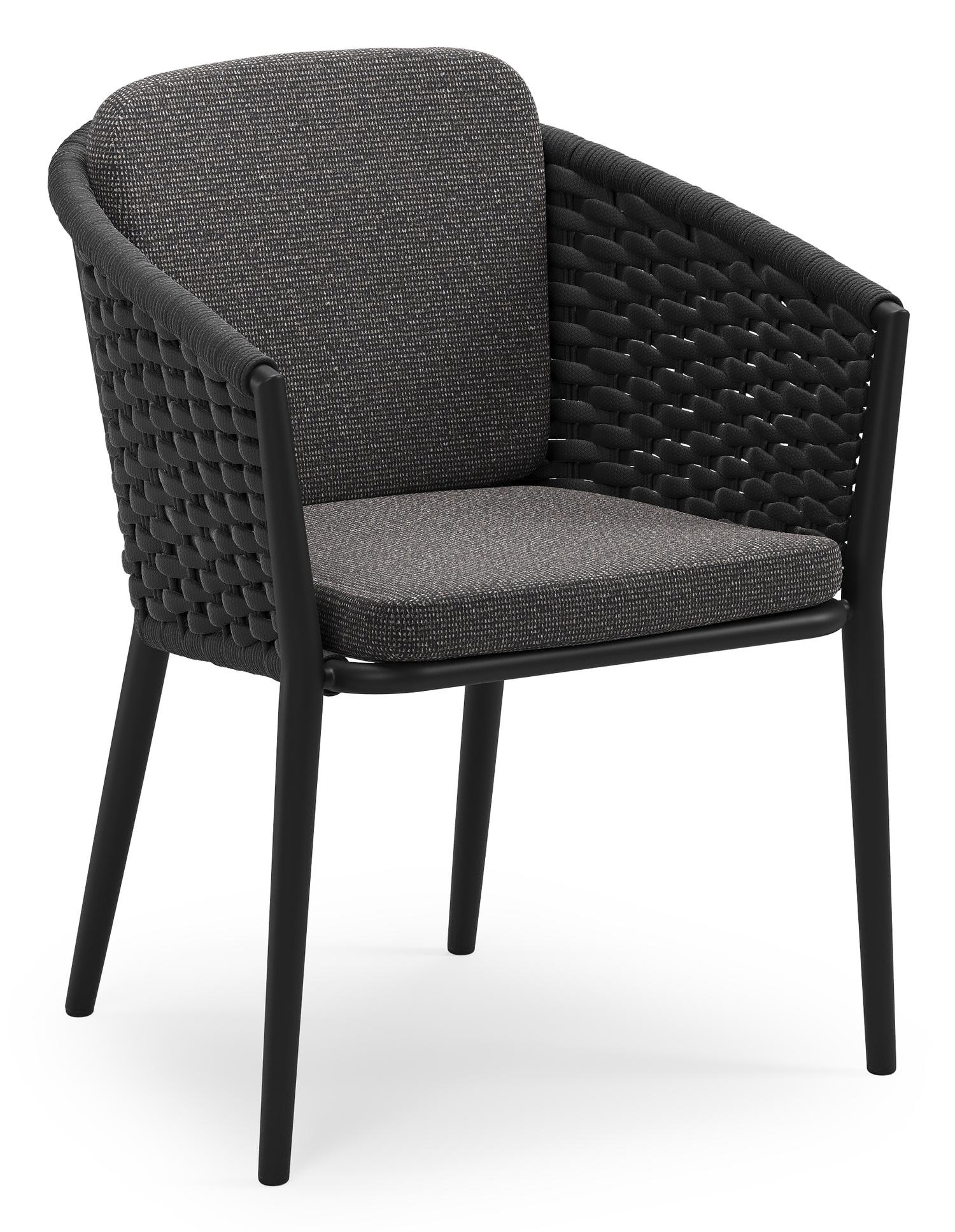 Orso stapelbare tuinstoel in zwart aluminium en zwart horizontaal geweven ronde rope met stoelkussen in All Weather Solica Firenze Tunder