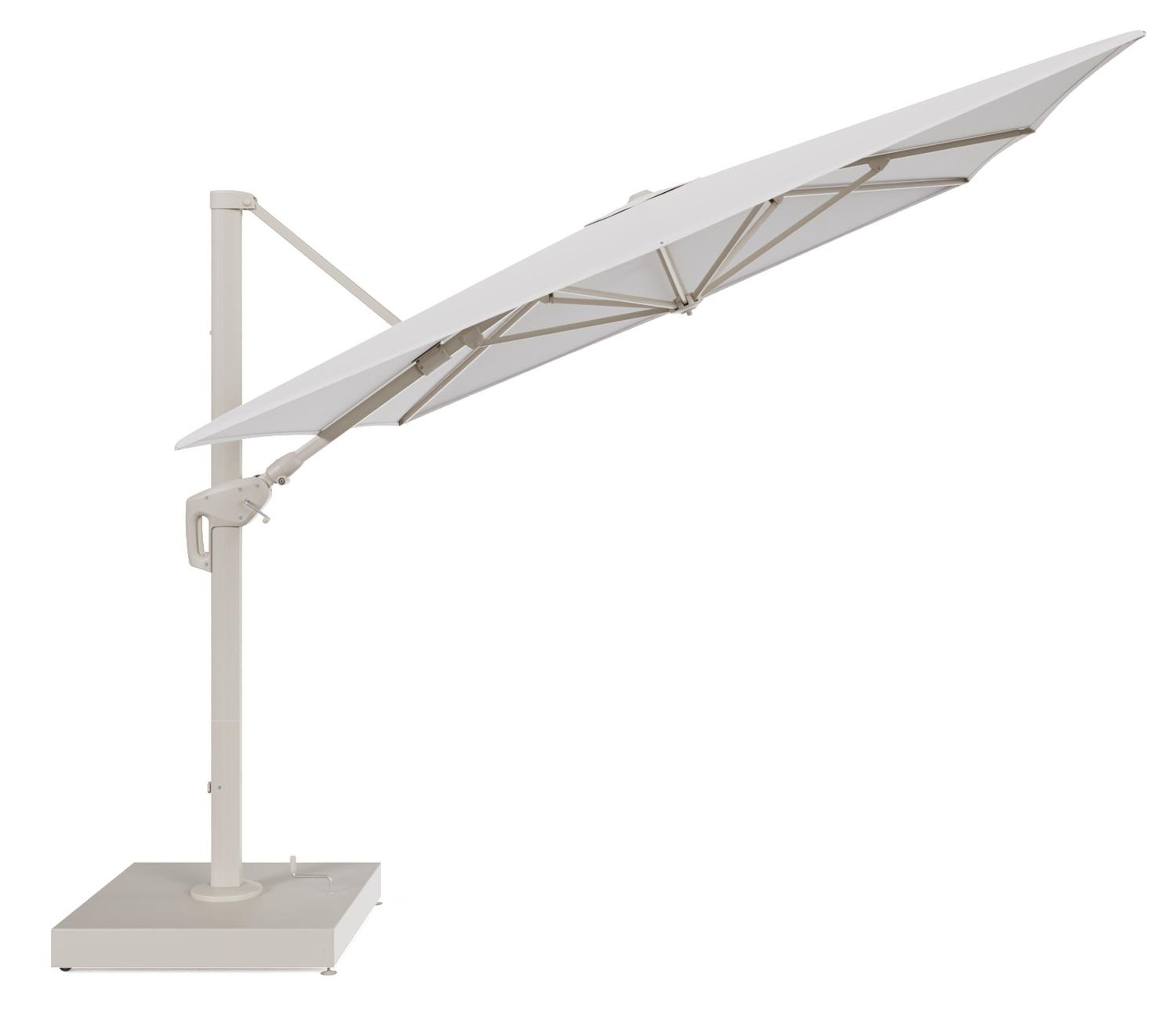 Minore zweefparasol met tiltfunctie in beige aluminium en Ego Eggshell All Weather Solica parasoldoek - L1 400 x L2 300 cm met parasolvoet Minore 260 kg met wielen