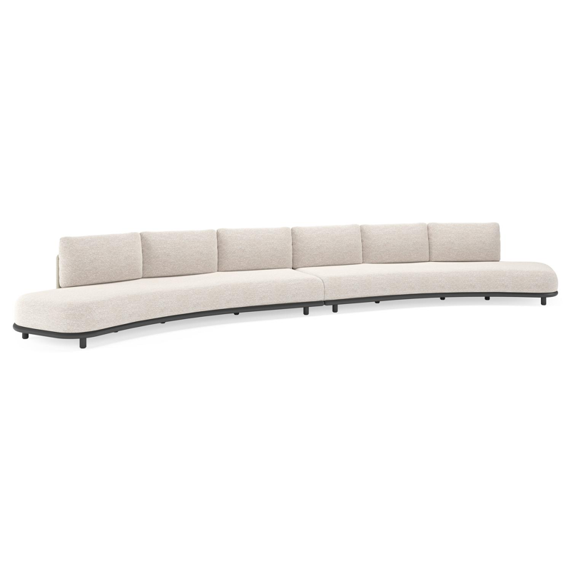 Canapé de jardin Lomano en aluminium noir et corde luxe plate tissée verticalement beige et coussins en all weather sunbrella® luxe Tundra Sand