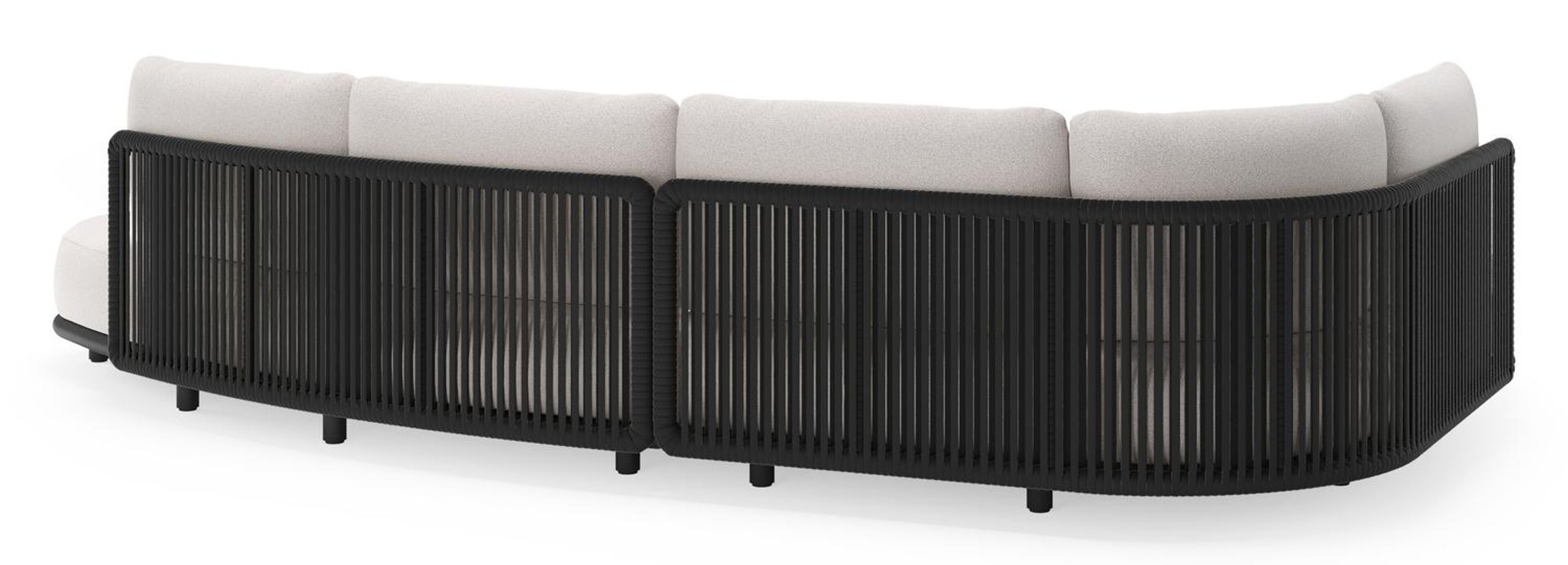 Lomano loungehoek in zwart aluminium en zwart verticaal geweven luxe vlakke rope met ego eggshell all weather solica kussen