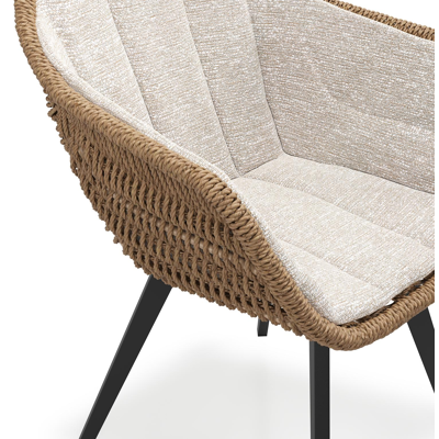 Pagino tuinstoel in zwart aluminium en bruin ronde wicker met zitkussen in All Weather Sunbrella® Luxe Tundra Sand