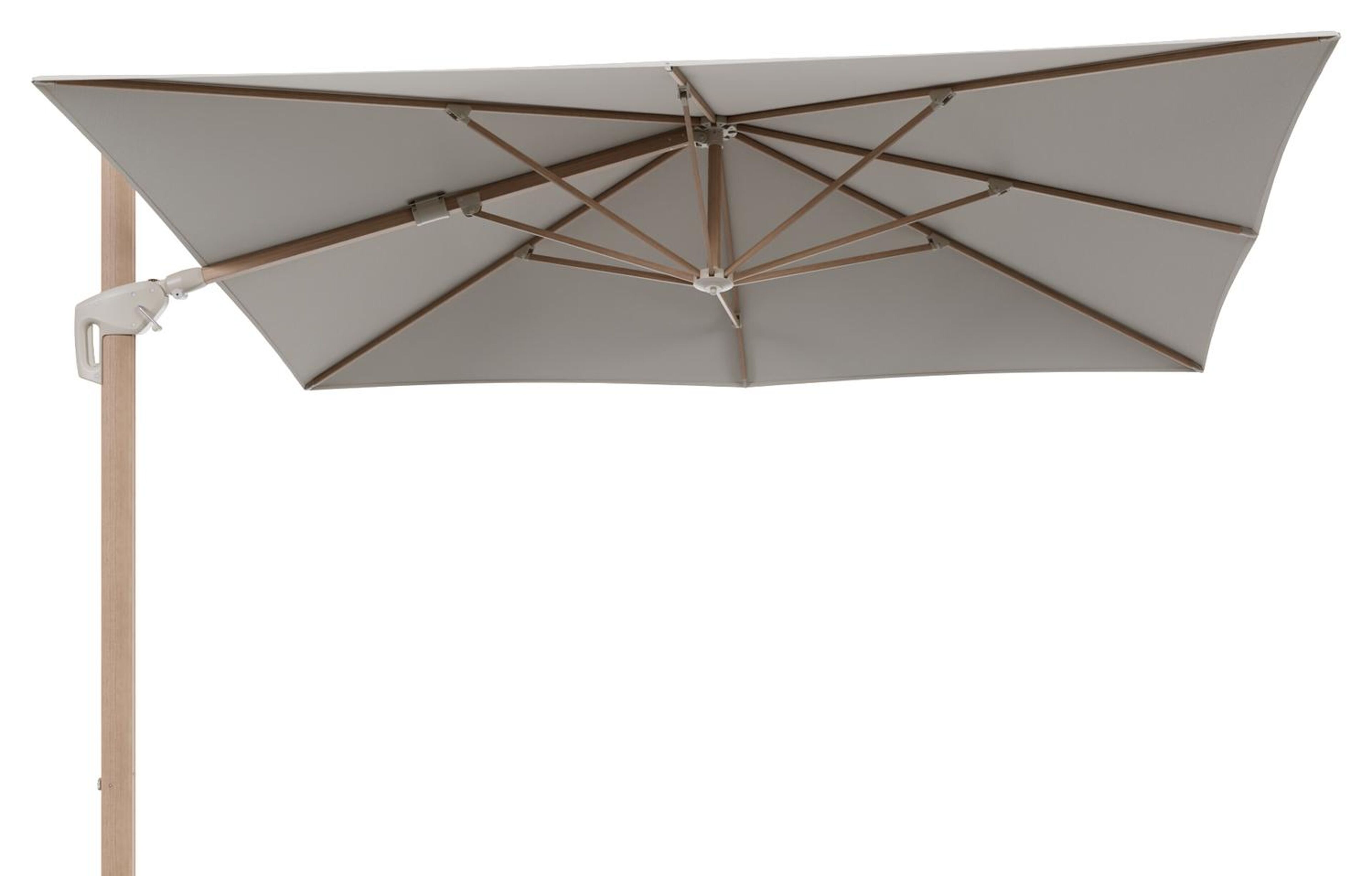 Parasol pendant Minore avec fonction tilt en aluminium aspect de bois et toile de parasol All Weather Sunbrella® Luxe Lopi Marble - Lg.1: 280 x Lg.2: 370 cm (sans pied de parasol