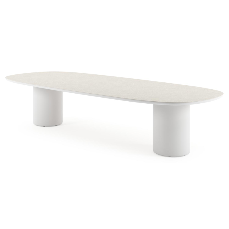 Amico low dining tuintafel bombo in wit aluminium en volkeramiek Shilin - L 320 x B 130 x H 61 cm