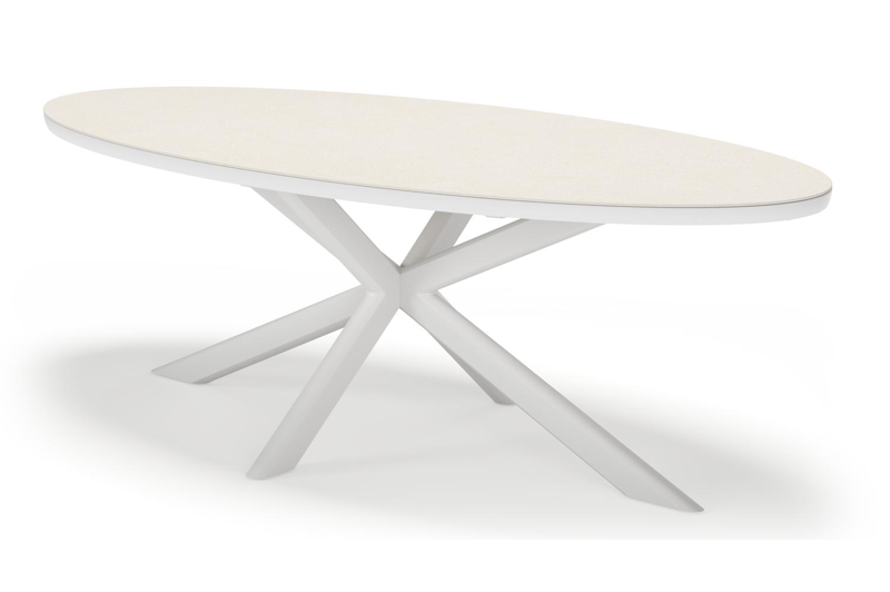 Pamplona ovale tuinset in wit aluminium en sintered stone crema minerale met 6 Matera tuinstoelen