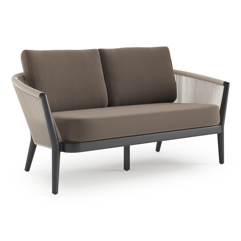 Orso loungebank in zwart aluminium en beige verticaal geweven ronde rope met Lopi Coconut all weather sunbrella® luxe kussen