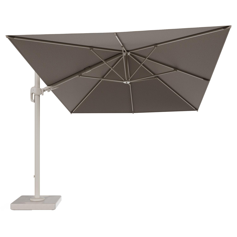 Rufina zweefparasol tiltfunctie in beige aluminium en parasoldoek in All Weather Solica Firenze Earth - L1 400 x L2 300 cm met parasolvoet Lapido 160 kg