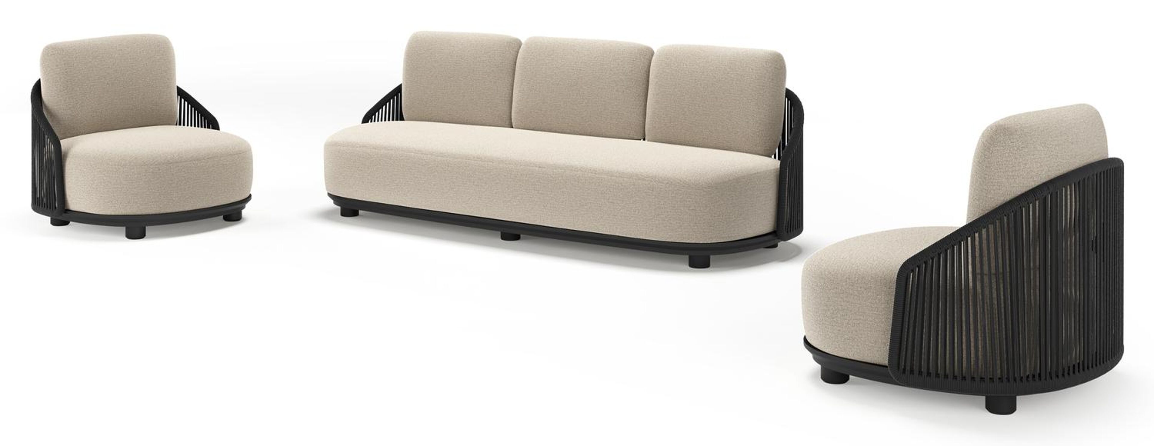 Vadelo loungeset in zwart aluminium en zwart verticaal geweven ronde rope met catania sand all weather cosytica kussen