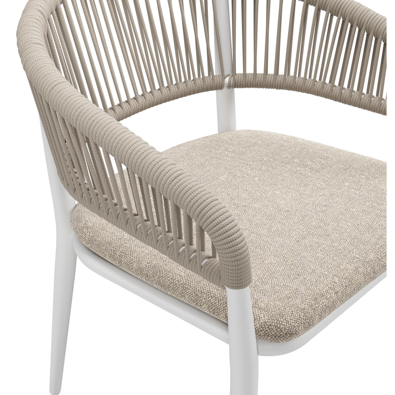 Tolfa stapelbare tuinstoel in wit aluminium en beige verticaal geweven ronde rope met stoelkussen in All Weather Sunbrella® Luxe Chartres Pewter