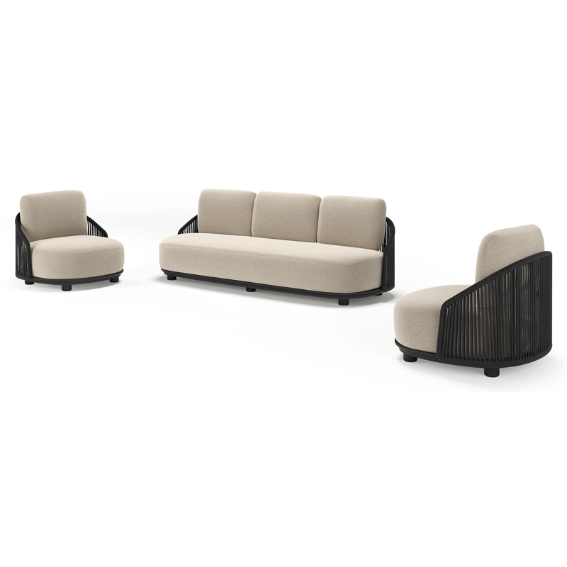 Salon de jardin Vadelo en aluminium noir et corde ronde tissée verticalement noir et coussins en all weather cosytica catania greige